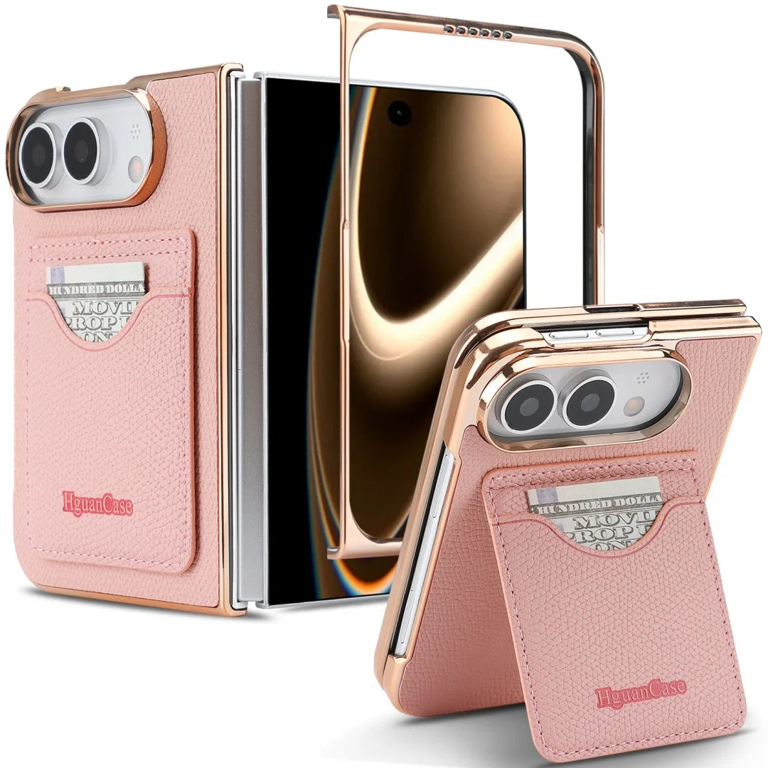 Matte Leather Card Wallet Case for iPhone Duo – Electroplated Frame with Foldable Kickstand