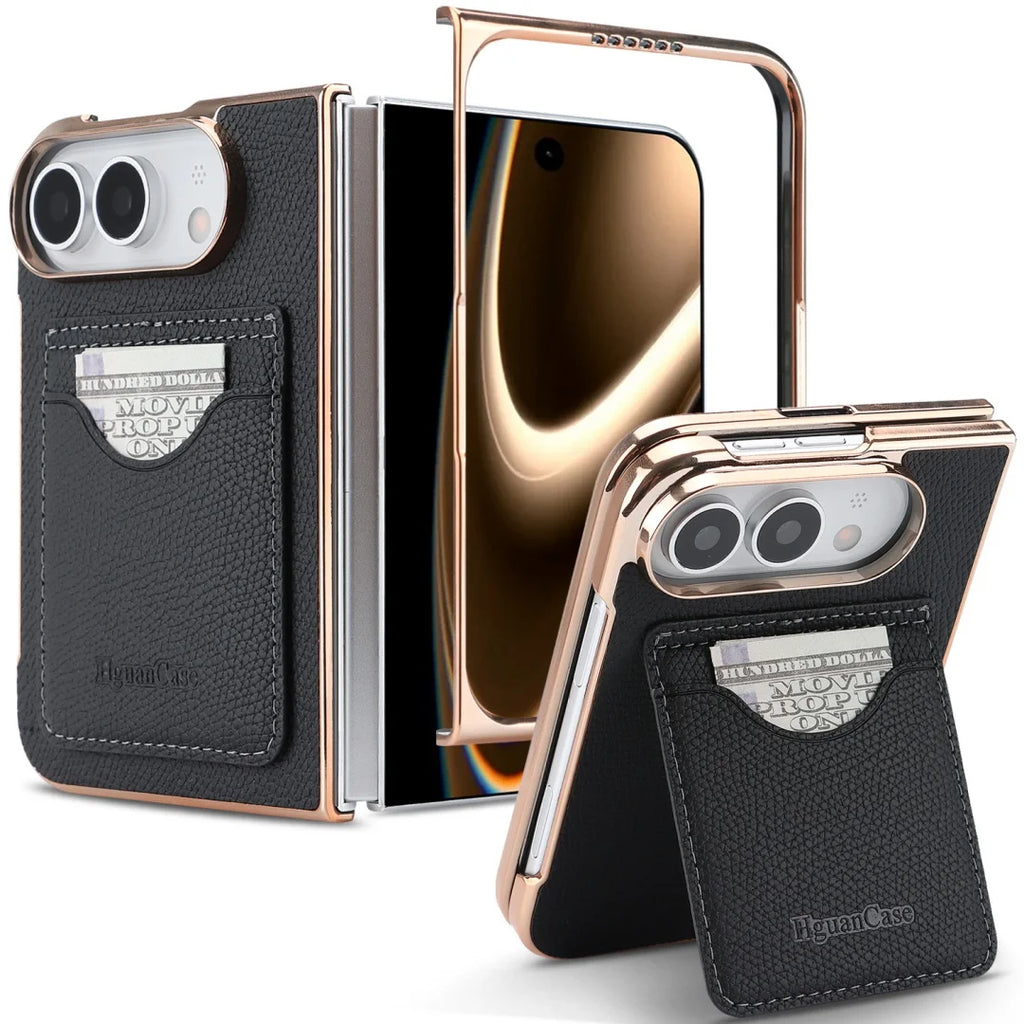 Matte Leather Card Wallet Case for iPhone Duo – Electroplated Frame with Foldable Kickstand