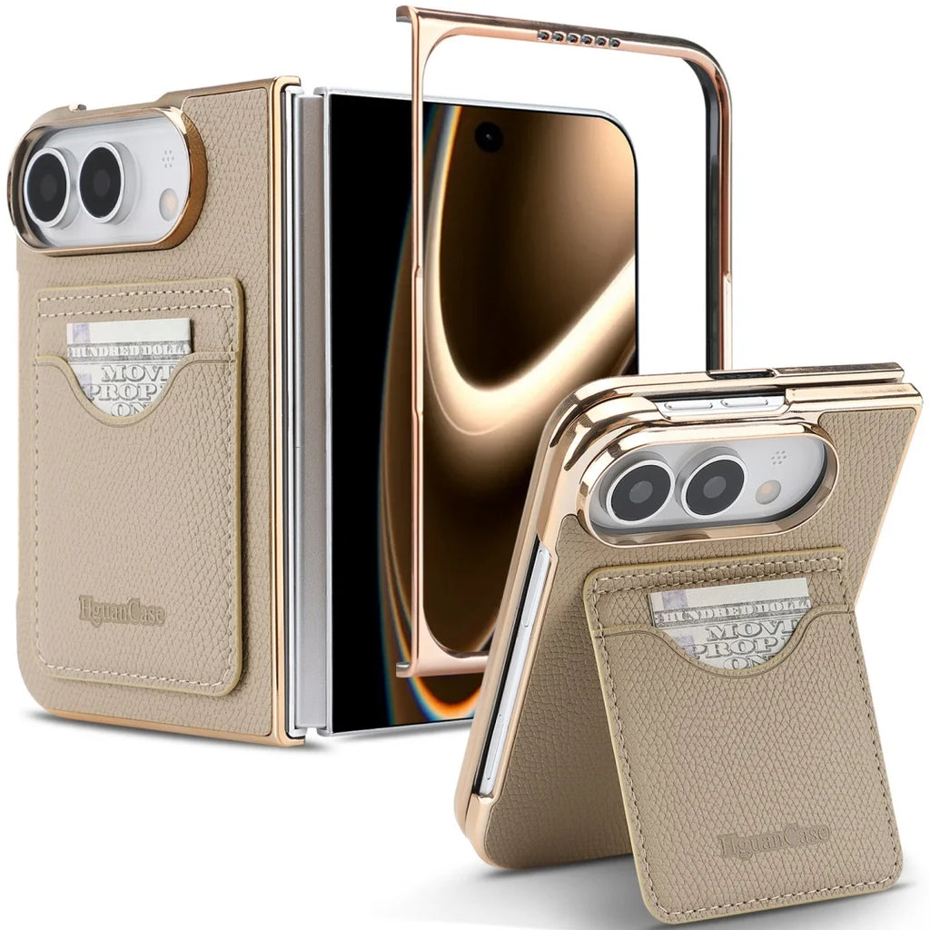 Matte Leather Card Wallet Case for iPhone Duo – Electroplated Frame with Foldable Kickstand