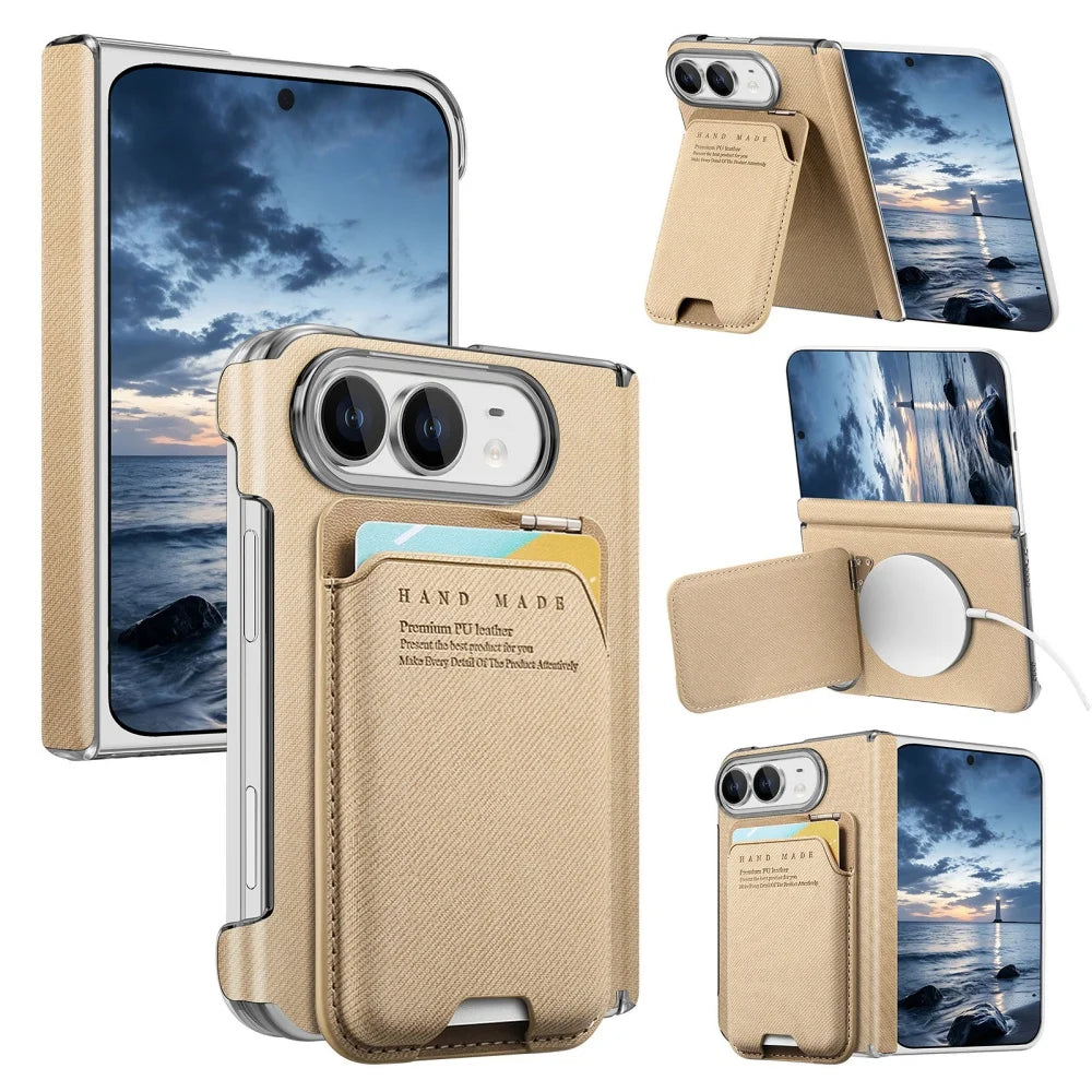 Card Slot Wallet Kickstand Case for iPhone Duo – Cloth Texture Magnetic Hinge Protection Cover