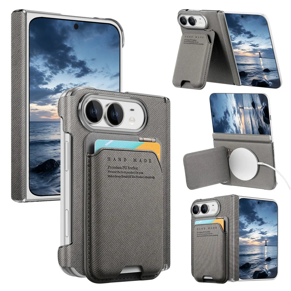 Card Slot Wallet Kickstand Case for iPhone Duo – Cloth Texture Magnetic Hinge Protection Cover