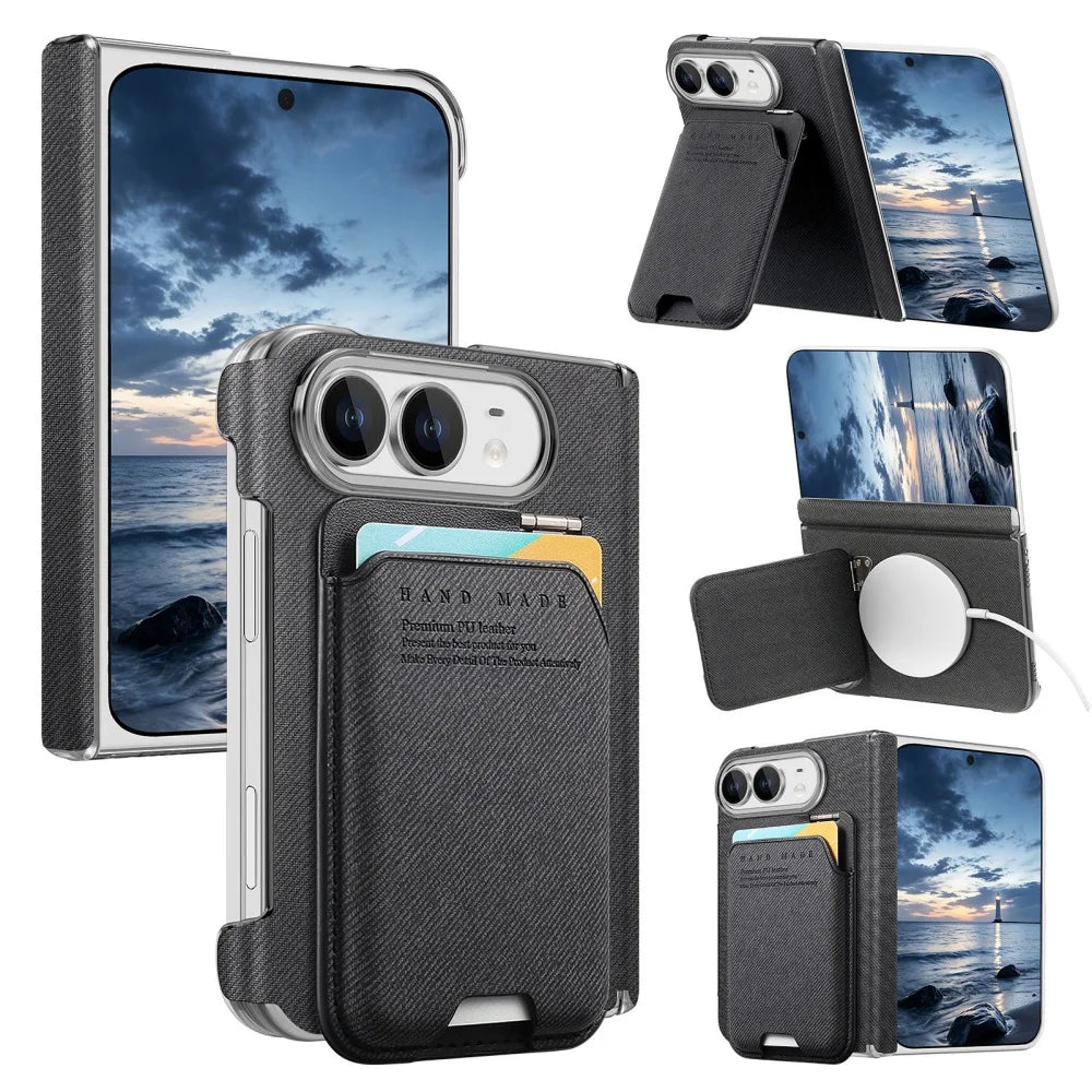 Card Slot Wallet Kickstand Case for iPhone Duo – Cloth Texture Magnetic Hinge Protection Cover