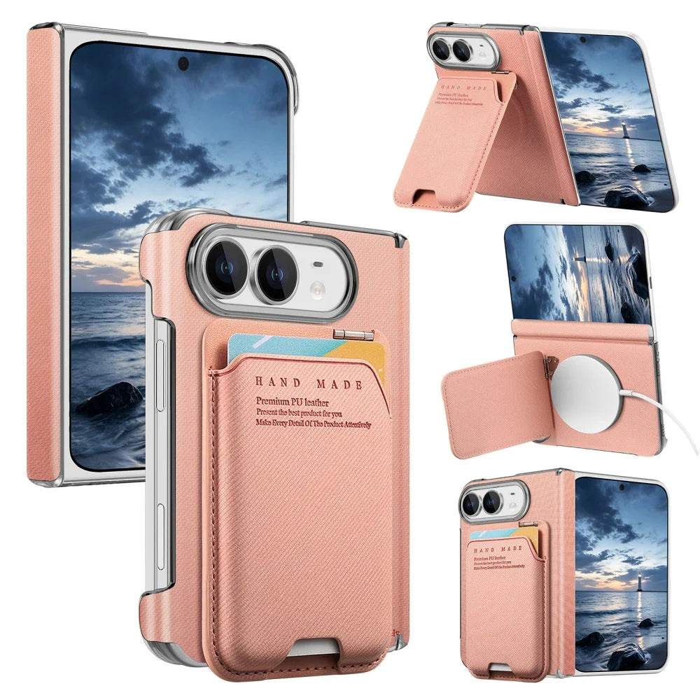 Card Slot Wallet Kickstand Case for iPhone Duo – Cloth Texture Magnetic Hinge Protection Cover