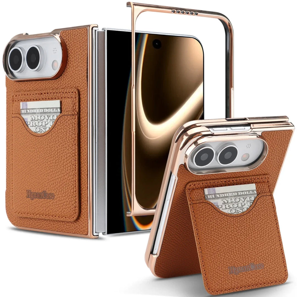 Matte Leather Card Wallet Case for iPhone Duo – Electroplated Frame with Foldable Kickstand