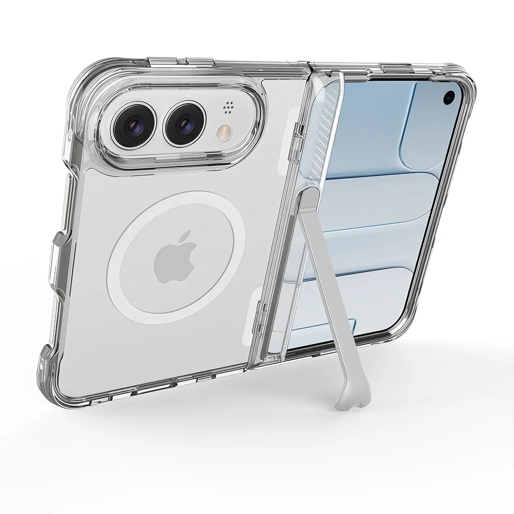 Side Hinge Invisible Bracket Transparent Case for iPhone Duo – MagSafe Shockproof Hard Cover