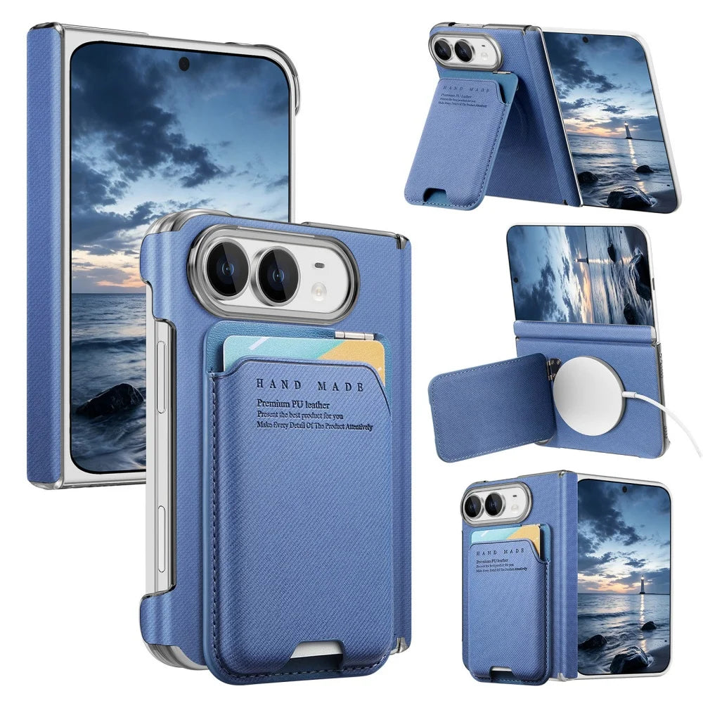 Card Slot Wallet Kickstand Case for iPhone Duo – Cloth Texture Magnetic Hinge Protection Cover