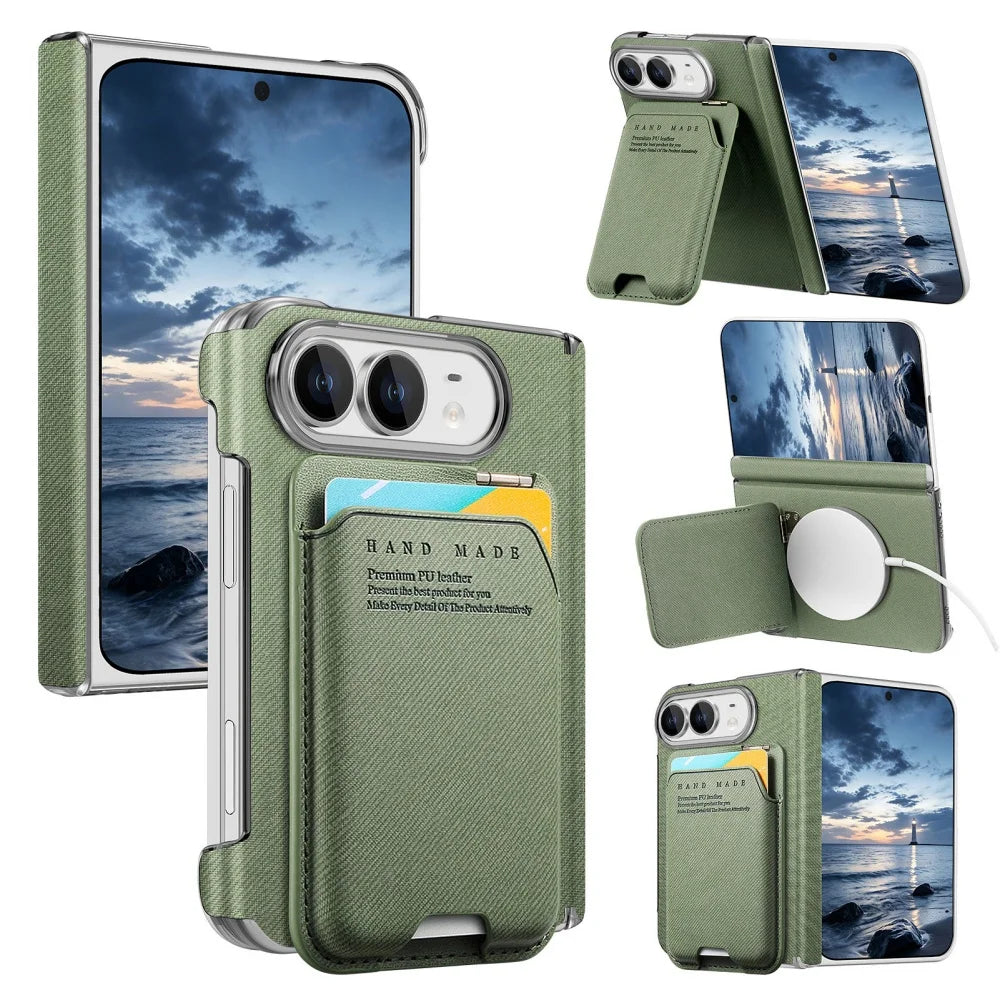 Card Slot Wallet Kickstand Case for iPhone Duo – Cloth Texture Magnetic Hinge Protection Cover